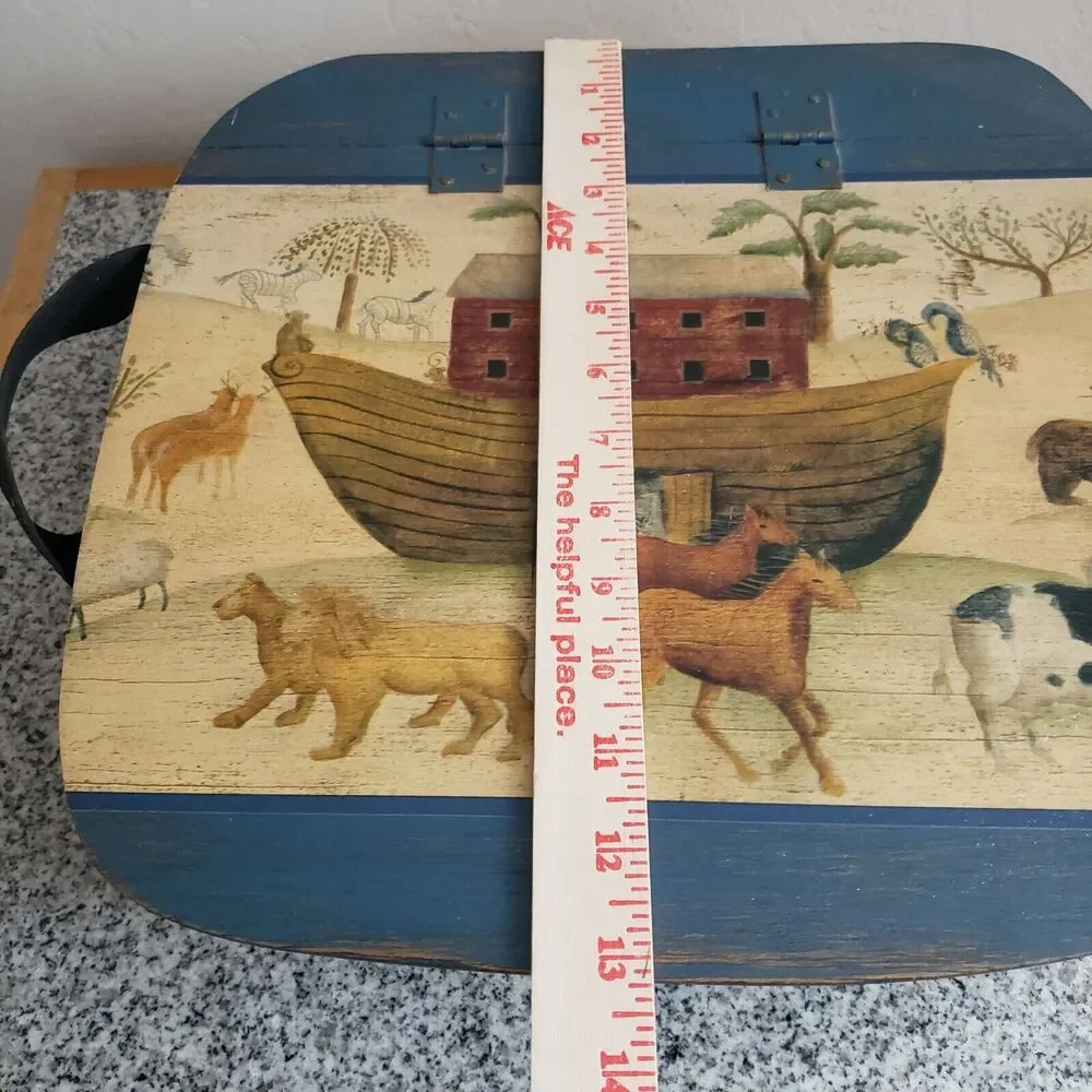 VTG Woven Wood Decoupage‎ Noah's Ark Lid w/Handles Hinge Top Home Décor Basket